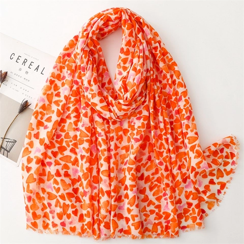 Women Scarf Shawl Polyester Cotton Feel Heart Print Fringed Edge Lightweight Breathable Sun Protection Fashion Accessory