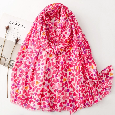 Women Scarf Shawl Polyester Cotton Feel Heart Print Fringed Edge Lightweight Breathable Sun Protection Fashion Accessory