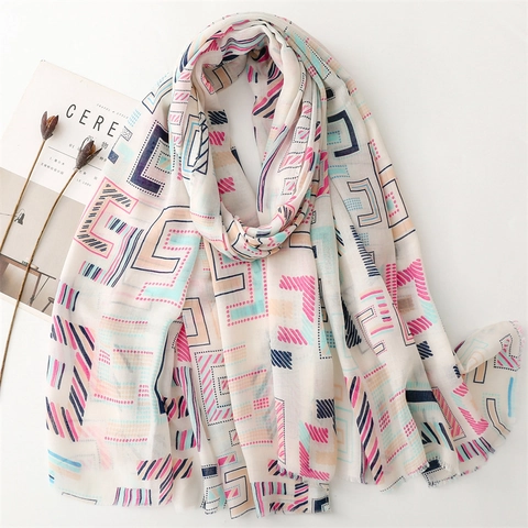 Women Geometric Print Scarf Lightweight Breathable Satin Polyester Cotton Shawl Wrap For Summer Beach Sun Protection