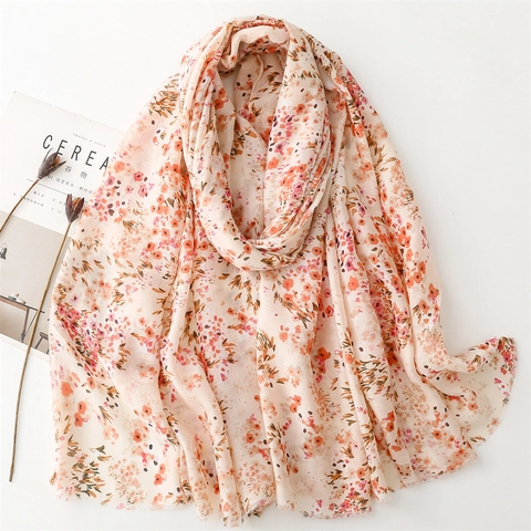 Women Floral Scarf Thin Cotton Linen Feel Large Shawl Spring Summer Sunscreen Wrap Frayed Edge Elegant Neck Scarf