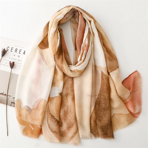 Écharpe Châle Pour Femmes Imprimé Géométrique Abstrait Aquarelle Polyester Léger Sensation Coton Bordure Effilochée