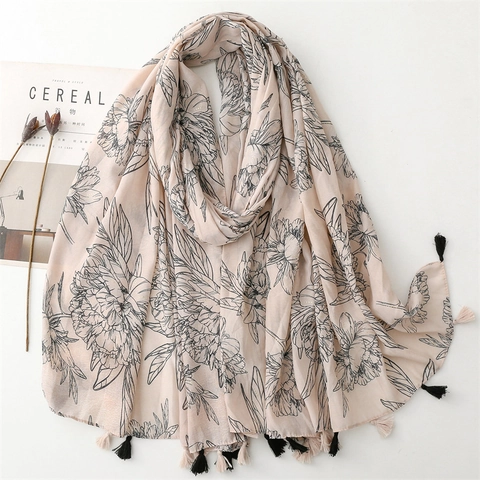 Elegante Sciarpa Con Stampa Floreale E Nappine Stile Etnico Retro Scialle Protezione Solare Per Vacanze Spiaggia Viaggio