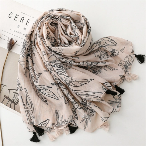 Elegante Sciarpa Con Stampa Floreale E Nappine Stile Etnico Retro Scialle Protezione Solare Per Vacanze Spiaggia Viaggio