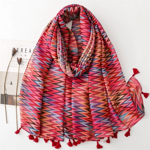 Bufanda Mujer Patrón Zigzag Chal Gasa Poliéster Protección Solar Playa Viaje Pashmina Borlas Accesorios Etnicos