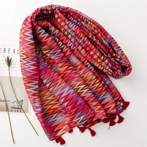 Bufanda Mujer Patrón Zigzag Chal Gasa Poliéster Protección Solar Playa Viaje Pashmina Borlas Accesorios Etnicos