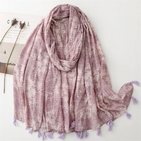 Scialle Sciarpa Donna Stile Etnico Retro Lilla Dipinto A Mano Motivo Mosaico Stampa Dorata Leggera Con Nappine