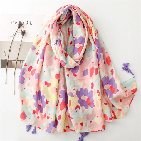 Damen Bunte Florale Druck Schal Tuch Mit Quasten Fischgratmuster Polyester Weich Leicht Sonnenschutz Reise Wickeltuch