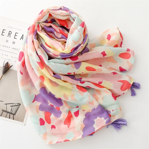 Damen Bunte Florale Druck Schal Tuch Mit Quasten Fischgratmuster Polyester Weich Leicht Sonnenschutz Reise Wickeltuch