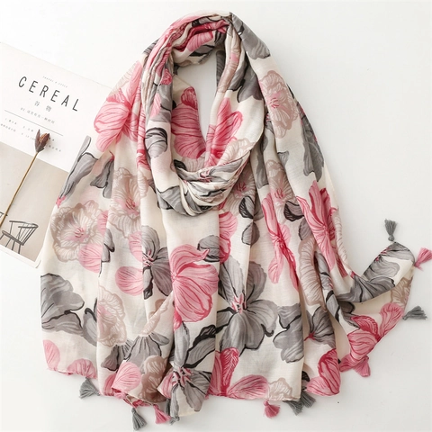 Women Floral Scarf Large Flower Print Shawl With Tassels Polyester Cotton Linen Feel Elegant Sun Protection Beach