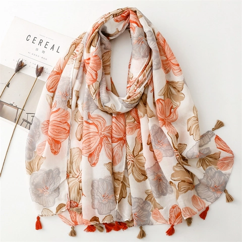 Women Floral Scarf Large Flower Print Shawl With Tassels Polyester Cotton Linen Feel Elegant Sun Protection Beach