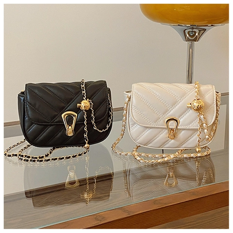 Women Shoulder Crossbody Bag PU Leather V-Quilted Chevron Pattern Gold Horseshoe Buckle Chain Strap Small Square Bag