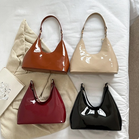 Bolso De Axila De Charol Brillante Retro Hobo Bolso De Hombro Para Mujer Color Sólido Casual Elegante Cuero PU