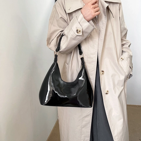 Bolso De Axila De Charol Brillante Retro Hobo Bolso De Hombro Para Mujer Color Sólido Casual Elegante Cuero PU