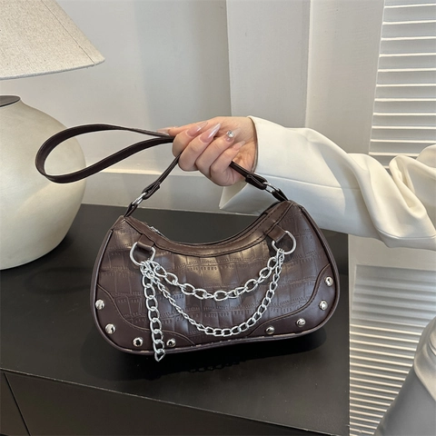 Sac Hobo Femmes Cuir PU Motif Crocodile Chaîne Métal Argenté Rivet Vintage Sac À Bandoulière Y2K Style Punk