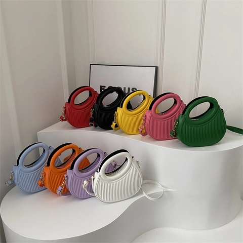 Damen Mini Halbmond Handtasche PU-Leder Plissierte Schultertasche Mit Verstellbarem Riemen Fashion Einfarbig Umhängetasche