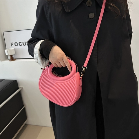 Damen Mini Halbmond Handtasche PU-Leder Plissierte Schultertasche Mit Verstellbarem Riemen Fashion Einfarbig Umhängetasche