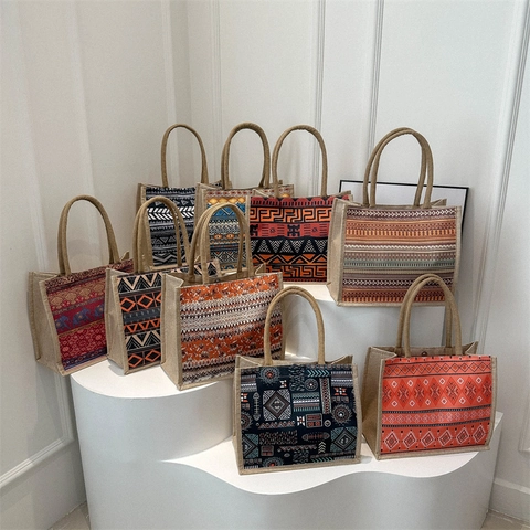 Bolso Tote de Algodón y Lino Estilo Étnico para Mujer Gran Capacidad Patrón Geométrico Nacional Bolso de Hombro