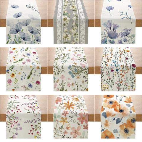 American Style Polyester Floral Table Runner Botanical Watercolor Print Rectangular Tablecloth For Dining Table Home Decor