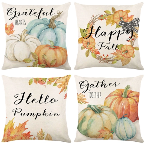 Funda De Cojín Acción De Gracias Otoño Calabaza Hoja Arce Textura Lino Poliéster Decoración Sofá Sala De Estar