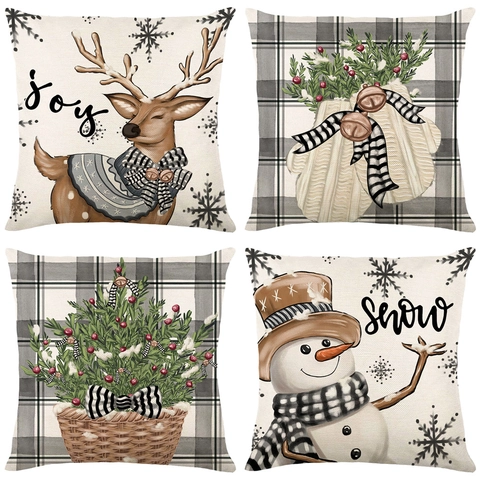 Christmas Decorative Pillow Case Linen Texture Cushion Cover Snowflake Reindeer Christmas Tree Holiday Home Decor Square