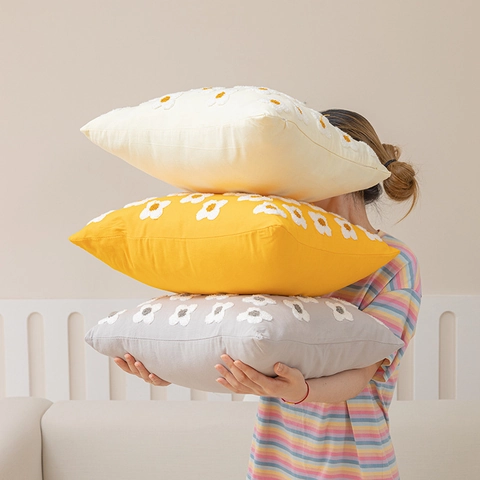 Gänseblümchen Handtuchstickerei Baumwolle Kissenbezug Nordisch Getuftet Einfarbig Dekorativer Kissenbezug Für Sofa Heimdeko