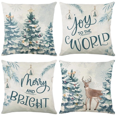 Kerstboom Rendier Print Sierkussenhoes Linnen Textuur Polyester Aquarel Feestdagen Woondecoratie Hoes