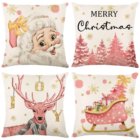 Funda De Cojín Navideño Estampado De Reno Rosa Papá Noel Funda Decorativa Para Sofá Sala De Estar Decoración Hogar