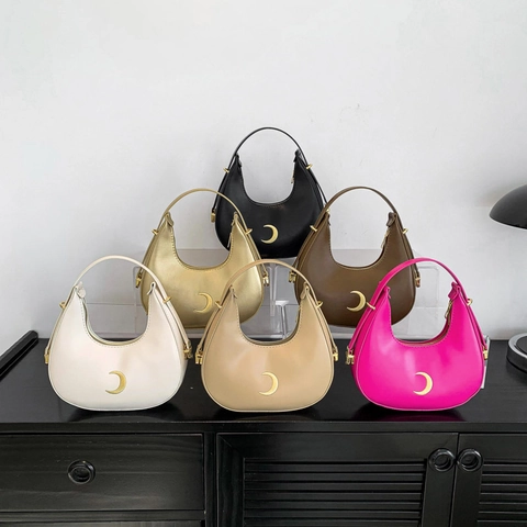 Bolso De Axila De Media Luna Para Mujer Cuero PU Color Solido Minimalista Bolso De Hombro Hobo Con Decoracion De Luna