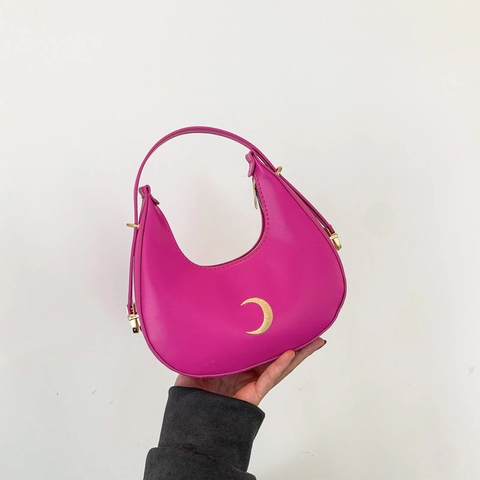Bolso De Axila De Media Luna Para Mujer Cuero PU Color Solido Minimalista Bolso De Hombro Hobo Con Decoracion De Luna
