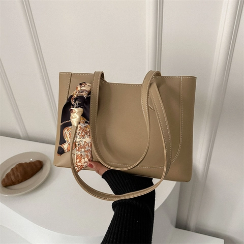 Bolso De Mano Grande Para Mujer De Cuero PU Con Decoración De Pañuelo De Satén Costuras Contrastadas Elegante Minimalista