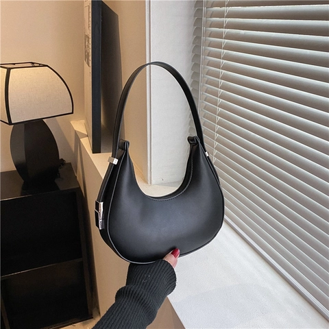 Bolso de Axila para Mujer de Cuero PU con Diseño de Medialuna Francés Minimalista Color Sólido Bolso de Hombro con Hebilla de Metal Plateado Moda Callejera
