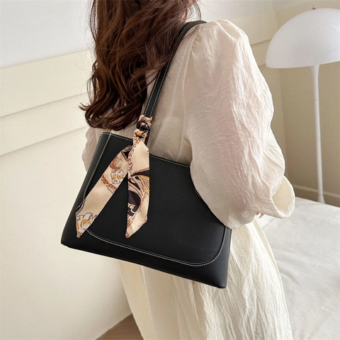 Bolso De Mano Grande Para Mujer De Cuero PU Con Decoración De Pañuelo De Satén Costuras Contrastadas Elegante Minimalista