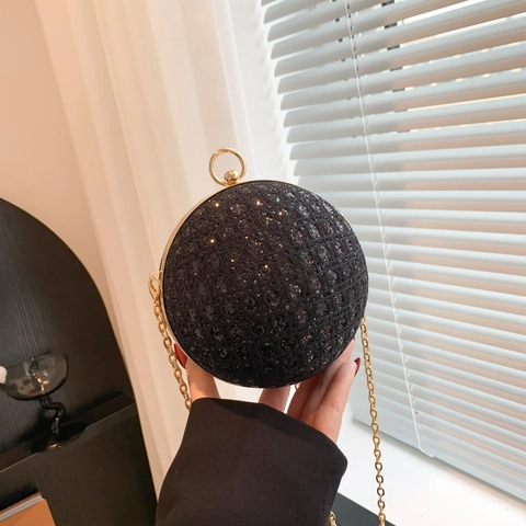 Women Fashion Spherical Evening Bag With Metal Ring Handle Shiny Sequin Crossbody Bag For Wedding Party Elegant Chain Shoulder Bag