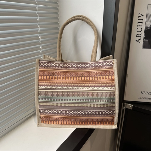 Bolso Tote de Algodón y Lino Estilo Étnico para Mujer Gran Capacidad Patrón Geométrico Nacional Bolso de Hombro