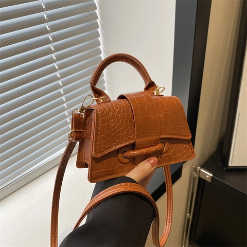 Mini Sac À Main Femmes Cuir PU Motif Crocodile Sac Bandoulière Trapèze Fermeture À Rabat Accessoires Mode Rétro