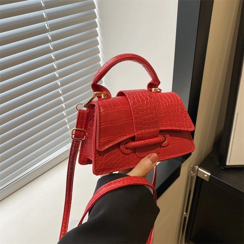Mini Sac À Main Femmes Cuir PU Motif Crocodile Sac Bandoulière Trapèze Fermeture À Rabat Accessoires Mode Rétro