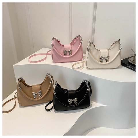 Women's PU Leather Hobo Shoulder Bag With Silver Metal Bow Sweet Axillary Bag Fashion Crossbody Bag For Daily Commuting