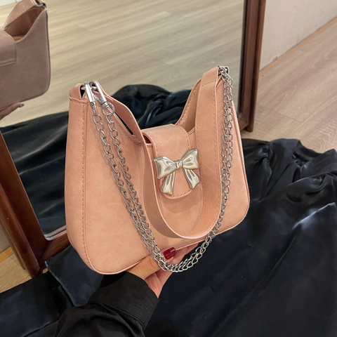 Women Fashion Bowknot Decor PU Leather Underarm Bag Versatile Elegant Solid Color Shoulder Bag With Metal Chain Strap