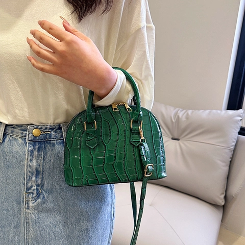 Krokodillenpatroon Schelp Crossbodytas Glanzend PU Leer Handtas Met Dubbele Rits En Verstelbare Riem Voor Dames