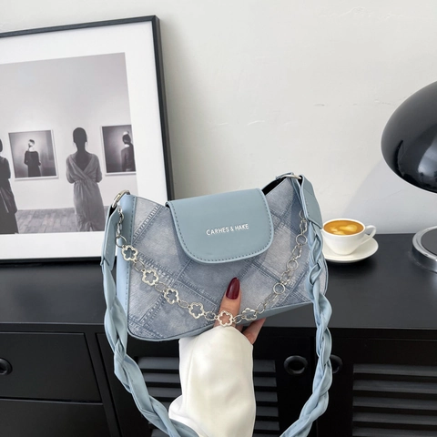 Borsa A Spalla Da Donna Baguette Trama Denim Pelle PU Tracolla Intrecciata Catena In Metallo A Fiori Casual