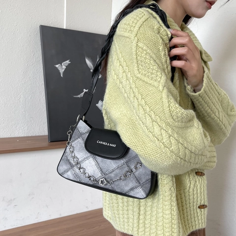 Borsa A Spalla Da Donna Baguette Trama Denim Pelle PU Tracolla Intrecciata Catena In Metallo A Fiori Casual