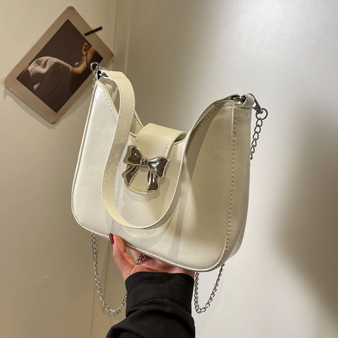 Women Fashion Bowknot Decor PU Leather Underarm Bag Versatile Elegant Solid Color Shoulder Bag With Metal Chain Strap