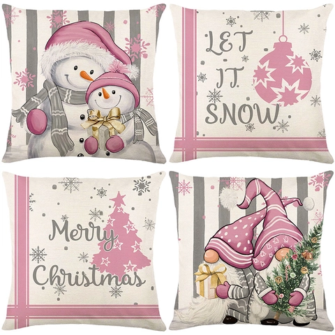 Christmas Pillow Covers Snowman Gnomes Pink Nordic Winter Holiday Square Decorative Polyester Cushion Cases For Sofa Home