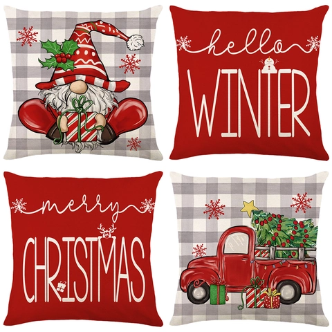 Kerst Decoratieve Kussensloop Polyester Winter Kabouter Rode Vrachtwagen Vakantie Decoratie Gingham Gedrukt Zacht