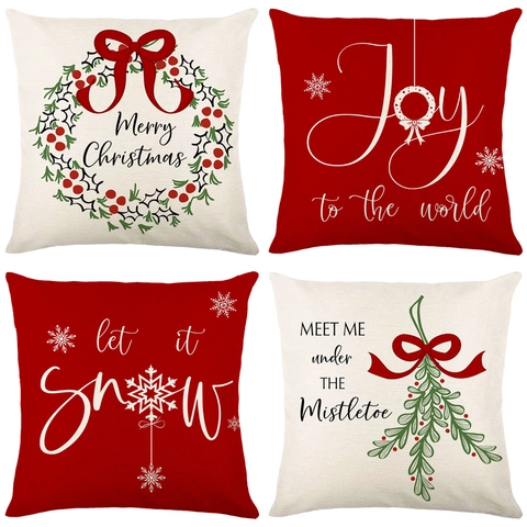 Funda De Almohada De Navidad Poliéster Lino Funda De Cojín Decorativa Impresión Letra Copo De Nieve Para Sofá Hogar Decoración