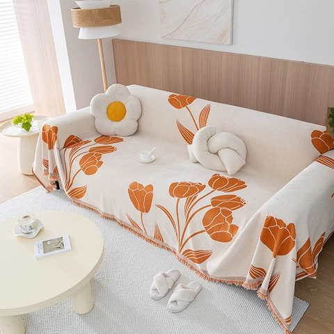 Copridivano in Ciniglia a Forma di Tulipano Spessa Morbida Coperta Jacquard Floreale Con Nappe Antigraffio Asciugamano per Divano Arredamento Casa
