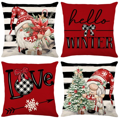 Housses De Coussin De Noël Polyester Lin Imprimé Gnome Arbre De Noël Taie D'Oreiller Décorative Décor D'Hiver