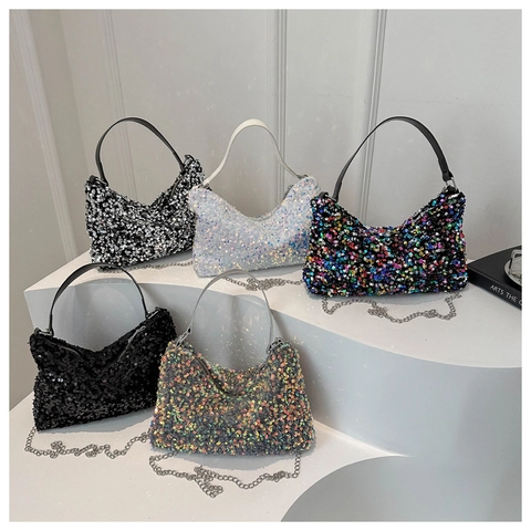 Moda Donna Borsa a Spalla con Paillettes Borsa Sotto l'Ascella Glitter con Tracolla a Catena Borsa Hobo Luccicante per Festa Banchetto