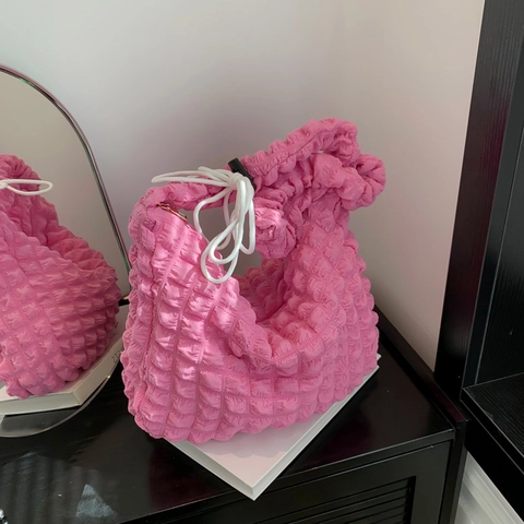 Bolso De Hombro Con Textura De Palomitas De Maíz Burbuja Plisado Nylon Gran Capacidad Casual Hobo Tote Para Mujeres