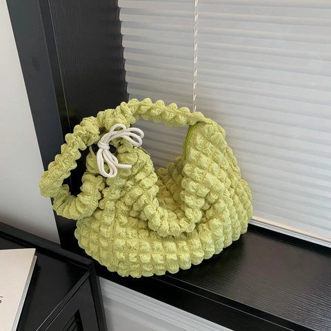 Fashion Popcorn Texture Pleated Tote Bag For Women Nylon Bubble Pattern Shoulder Bag With Bowknot Decor Casual Underarm Bag